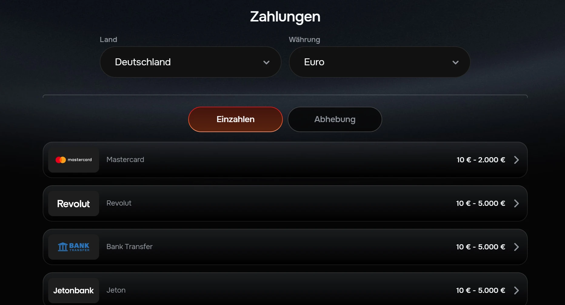 Zahlungsoptionen bei Revolution Casino